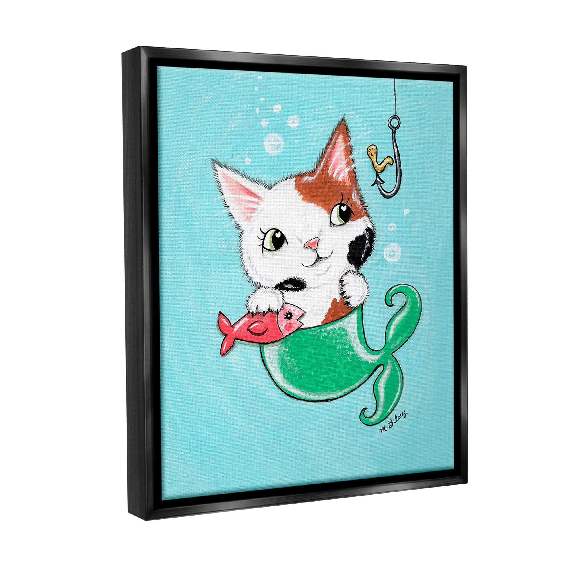 Stupell Industries Mermaid Cat with Fish Animals & Insects Painting Black Floater Framed Canvas Art Print Wall Art, 25 x 31