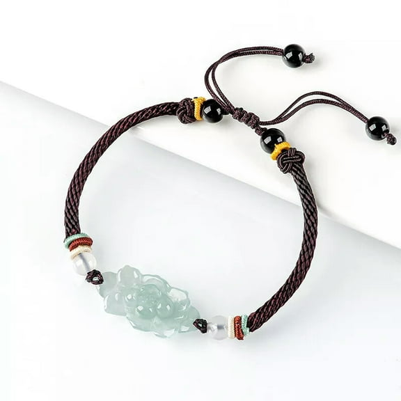 K-KED 100% Natural Jadeite Grade A Jade Lotus Flower Charm Cord Weave Bracelet