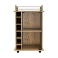 thumbnail image 5 of 32" H light oak bar-coffee cart, Kitchen or living room cabinet storage with with 4 wheels, with 6 bottle racks, a central shelf covered by 1 glass door, 1 support surface with aluminum front., 5 of 6