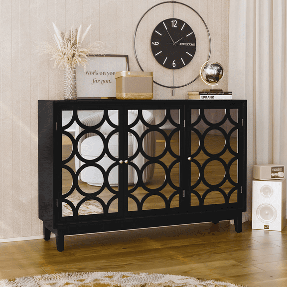 Sideboard Cabinet with 3 Mirror Doors, Modern Buffet Cabinet with Storage, Accent Storage Cabinet for Living Room, Dining Room, Entryway, Black