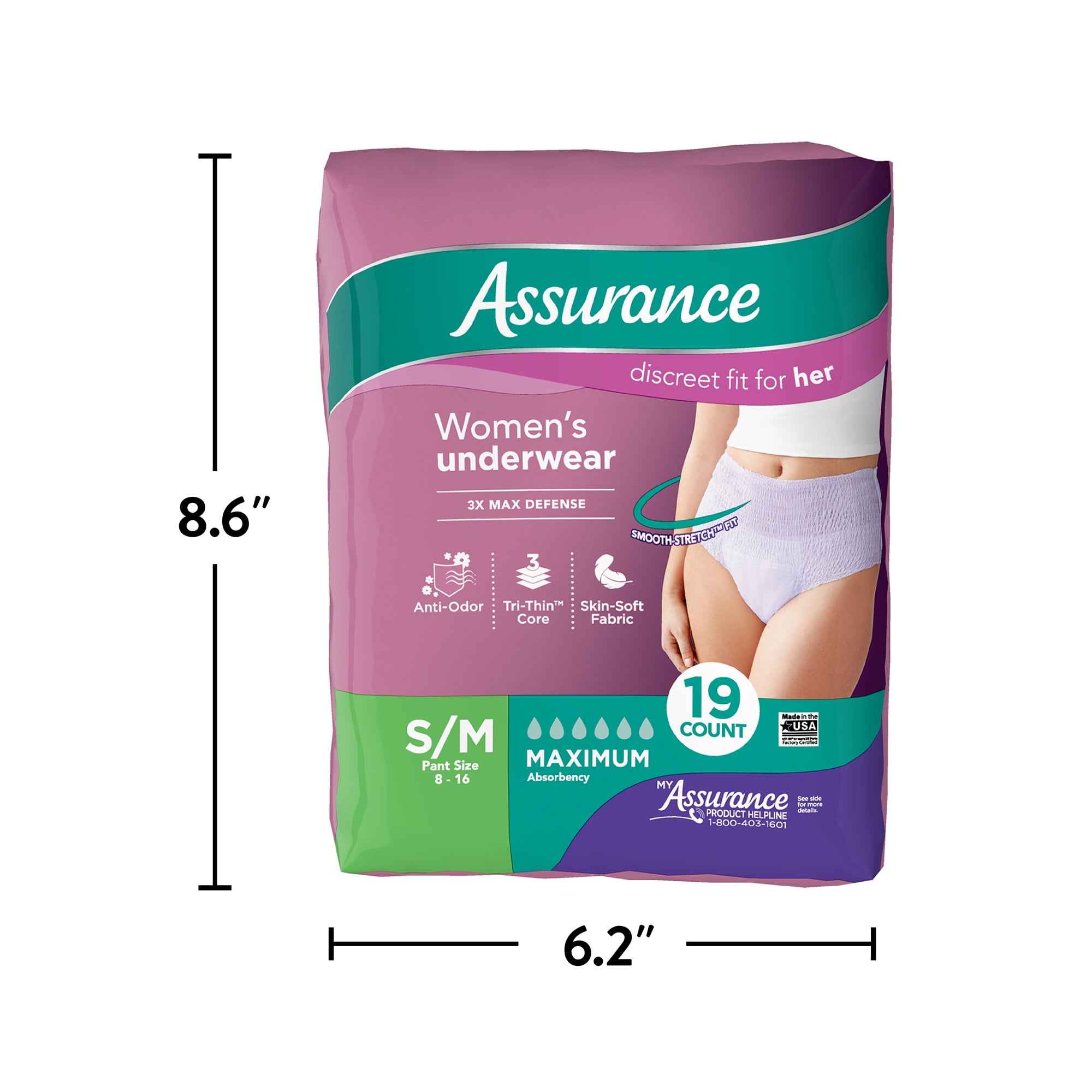 Assurance Women's Incontinence & Postpartum Underwear, S/M , Maximum  Absorbency (36 Count)