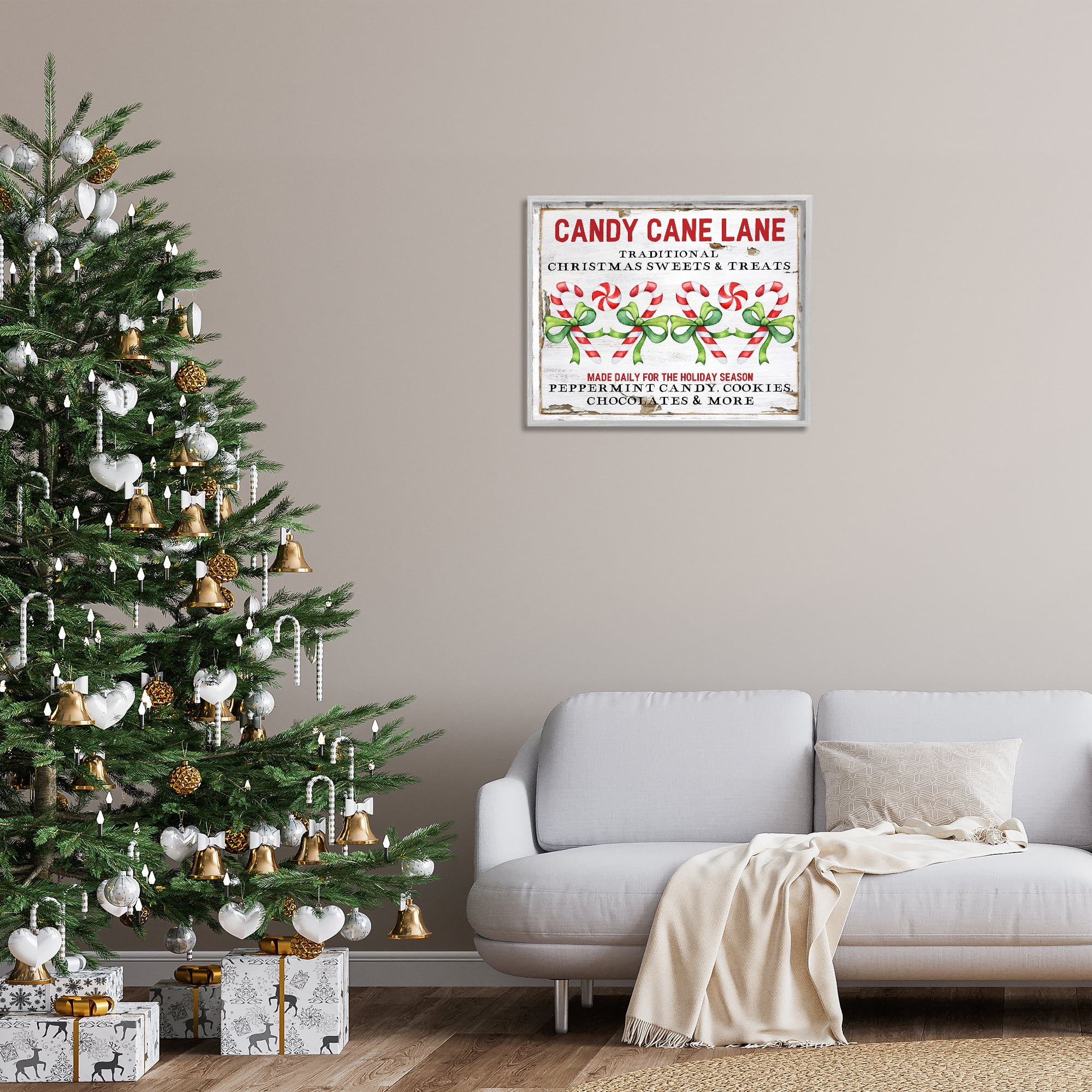 Stupell Industries Candy Cane Lane Sign Holiday Painting Gray Framed Art Prints Wall Art, 30 x 24