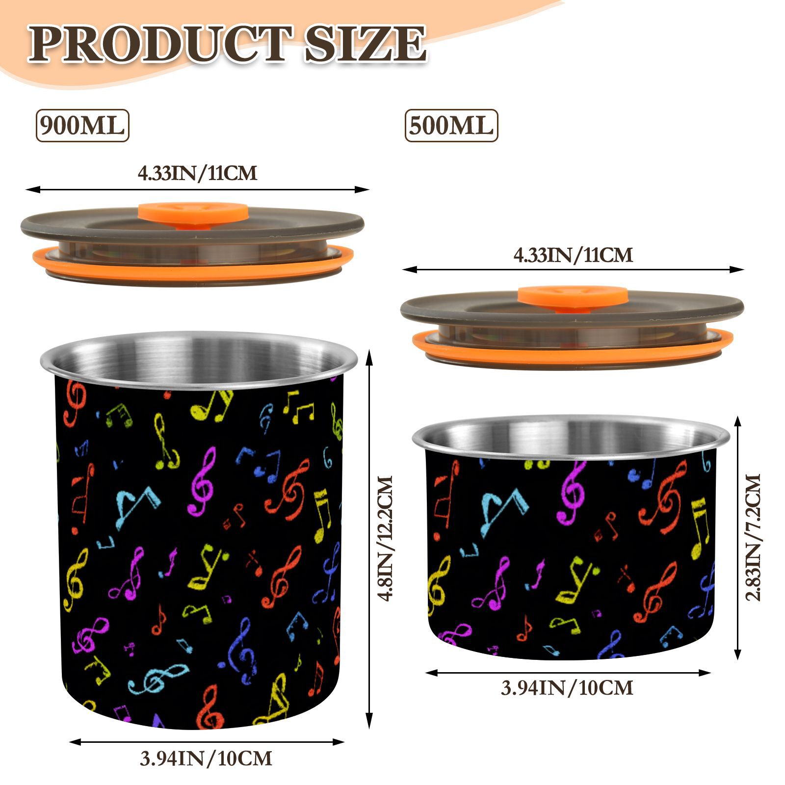 Musical Notes Music Airtight Coffee Bean Canister 30oz Food Storage Containers with Lids For Gournd, Tea, Sugar, Flour, Rice, Cereal, Candy Cookie Jar