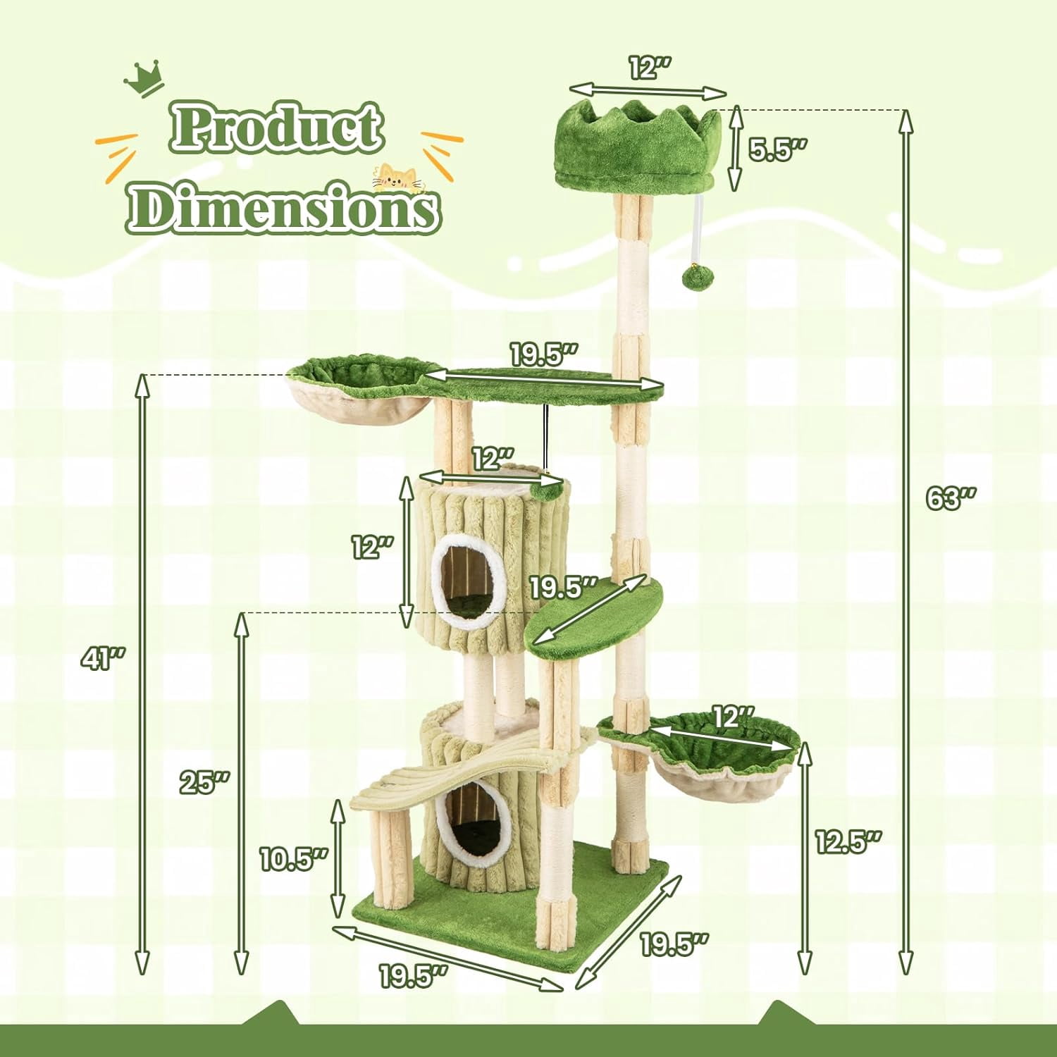 LEHOME 63 Inch Tall Cat Tree, Cute Green Cat Tower with 2 Condos, Plush Top Perch, 2 Basket Beds, Sisal Scratching Posts, 2 Dangling Balls, Slide Platform, Large Aesthetic Cat Tree for Indoor Cats