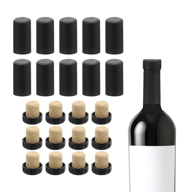 Uxcell 100Pcs cápsulas de PVC retráctiles con 12Pcs tapones de vino, 30x60mm, negro
