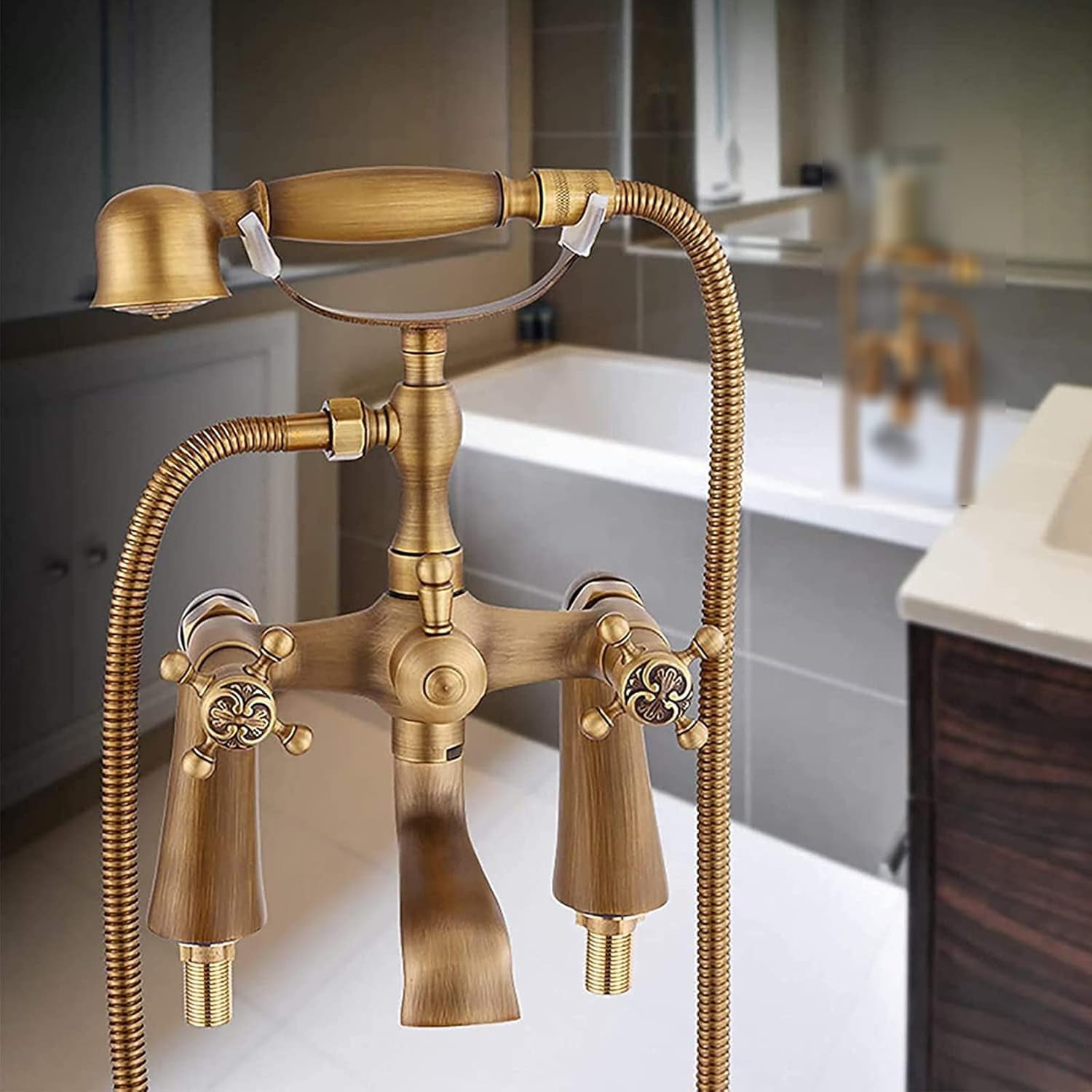 Bathtub Faucet with Handheld Shower, Wall Mounted Retro Style Tub and Shower Faucet Double Cross Handles Tub Faucet Brass Bathroom Mixer Tap
