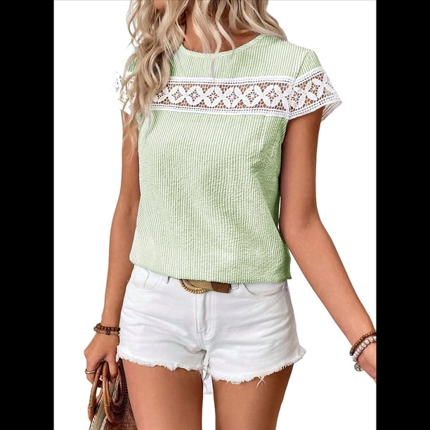 Blusas Casuales de Mujer con Cuello Redondo, Corta, Holgadas y Caladas Verde L