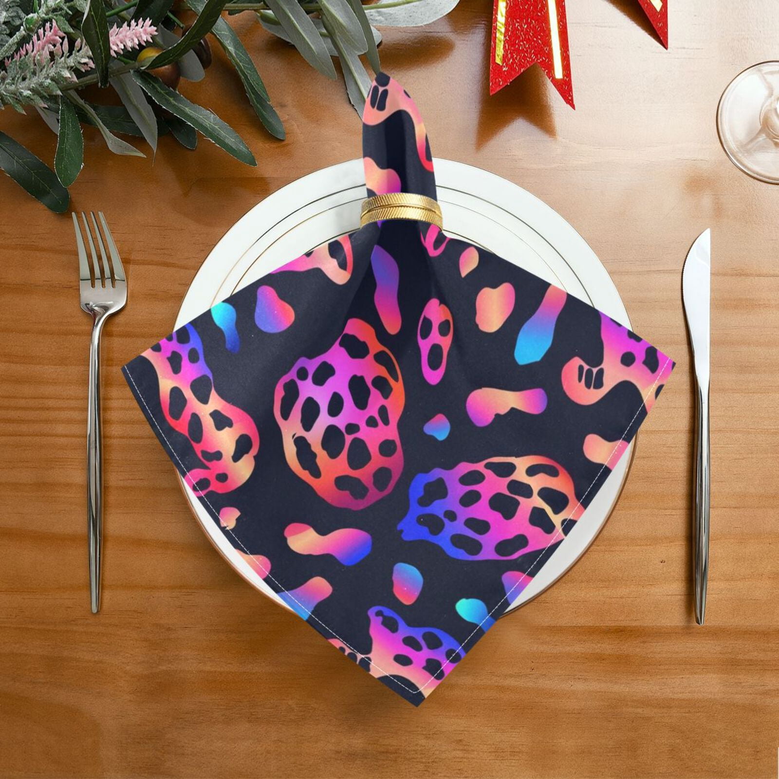 JSTEL Trendy Neon Leopard Print Cloth Napkins Set of 6, 20x20 Inch Washable and Reusable Napkin for Decoupage Dinner Party Everyday Use