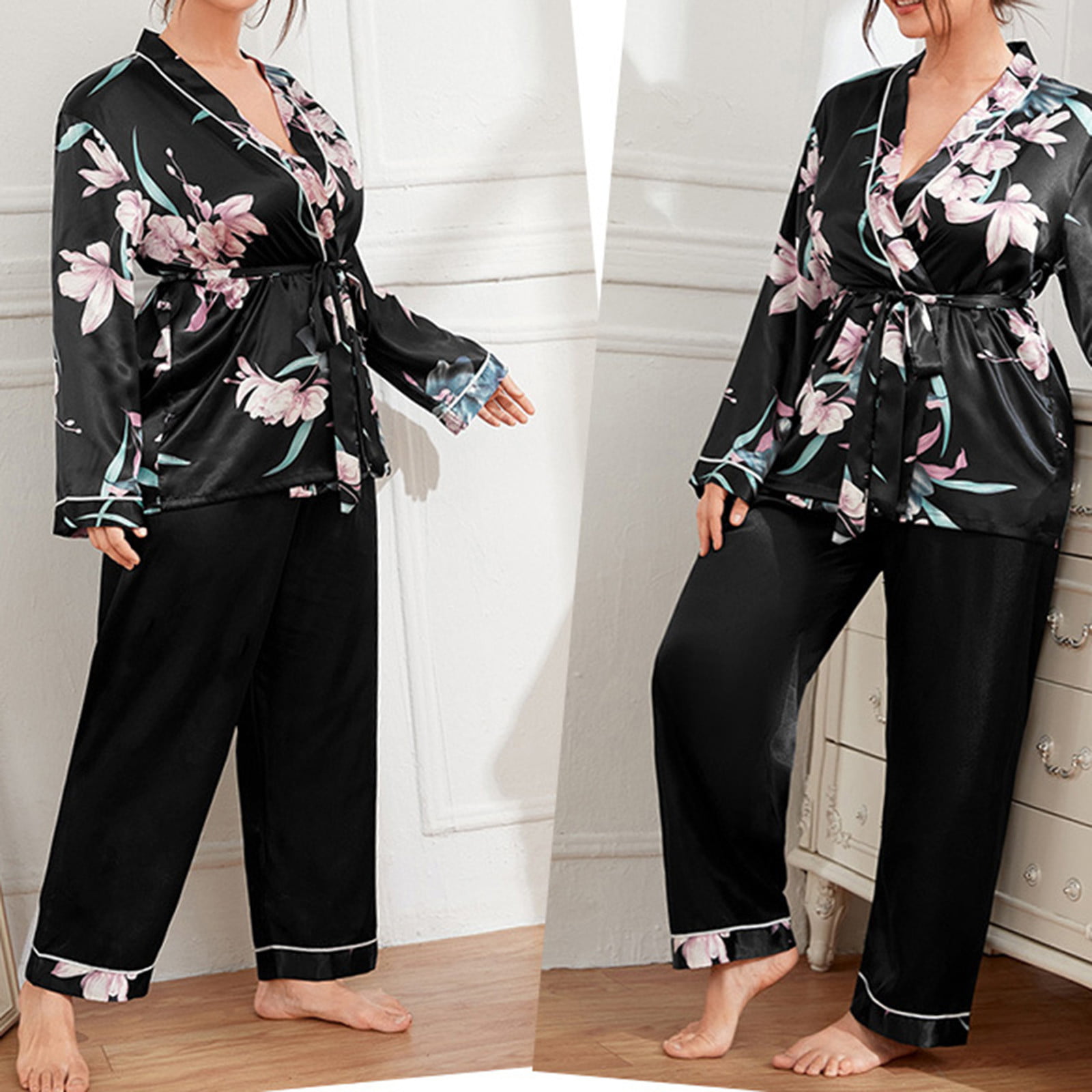Xysaqa Women's Plus Size Silk Pajamas Sets, Women Summer Floral