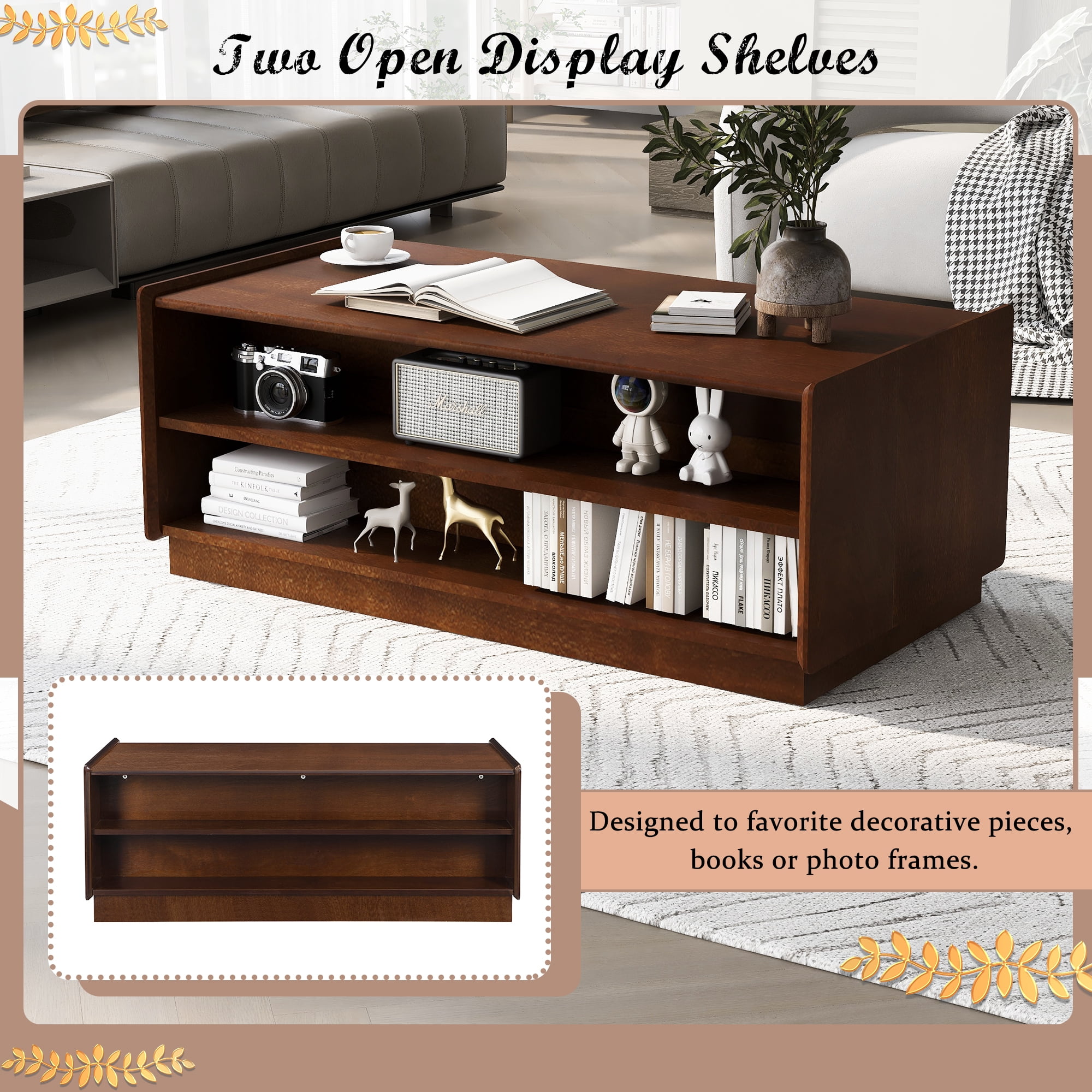 Euroco Vintage-Style Coffee Table with 4 Drawers and Open Shelves, Tempered Glass Drawer Fronts, MDF Wood Frame – Modern Living Room Storage Table, Easy Assembly