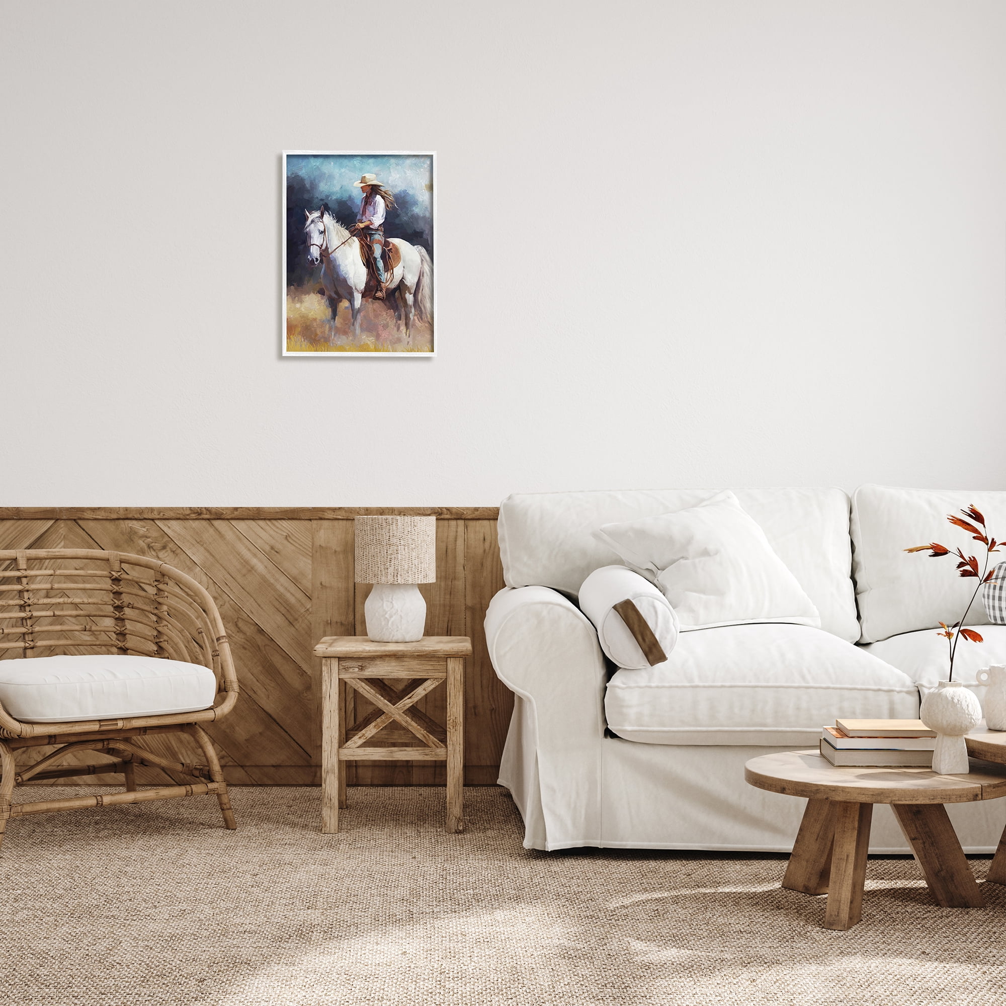 Stupell Industries Cowgirl on White Stallion Animals & Insects Painting White Framed Art Print Wall Art, 16 x 20