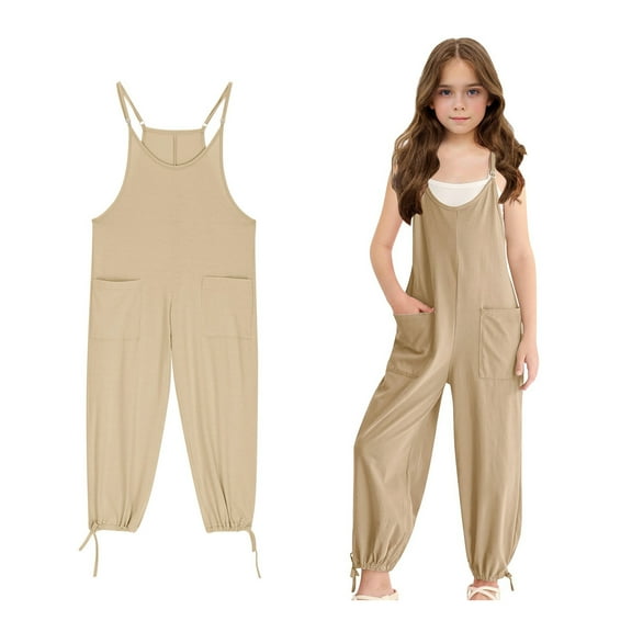 Girls Jumpsuit Sleeveless Khaki Rompers with Pockets Girls Summer Outfits Girls Jumpsuits Size 11-12 Years Girls Fashion