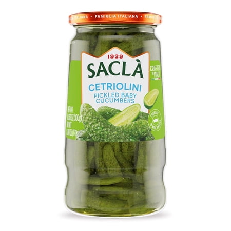 SACLA Pickled Baby Cucumbers | Italian Gherkin Pickles in Vinegar Brine | 10.59 oz Glass Jar | Crunchy & Tangy Antipasto | Non-GMO Vegan | Imported from Italy