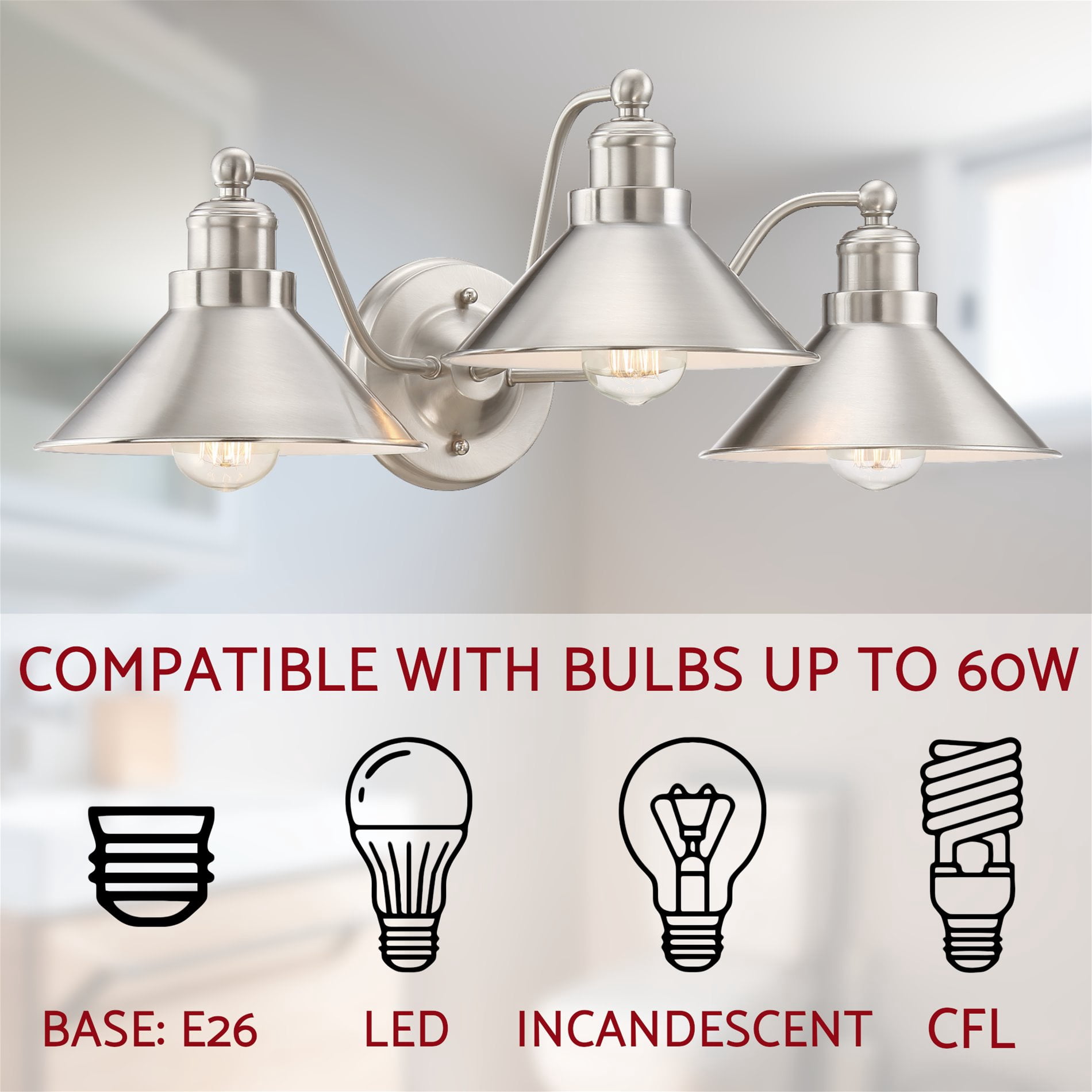 Kira Home Welton 25.5" 3-Light Modern Farmhouse Bathroom Light, Vintage Vanity Barn Light, Brushed Nickel Finish