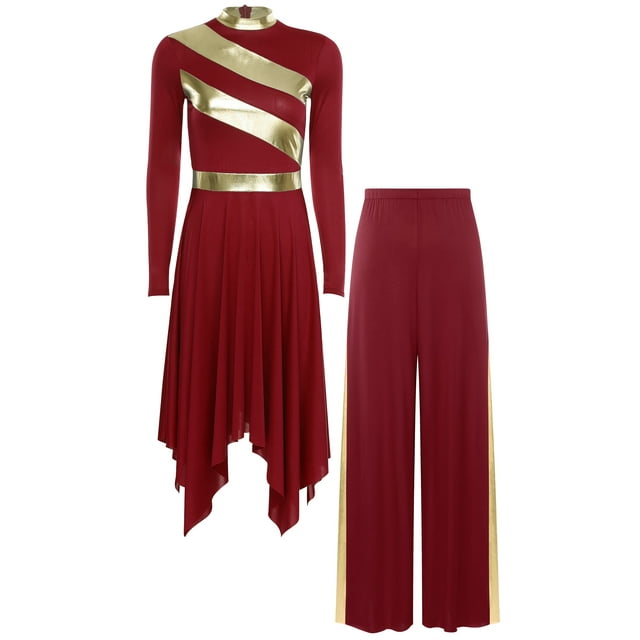 TSSOE Robe de Danse de Louange pour Femmes, Robe à Superposition Irrégulière, Pantalon à Jambes Larges, Costume de Danse Lyrique de Salon, Bourgogne P