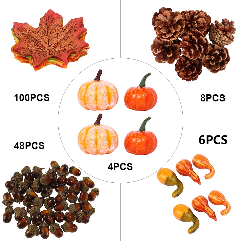 Harvest Pumpkins Pine Cones and Acorns Set for Autumn BJH 166 pcs Halloween Mini Artificial Maple Leaves Fall and Thanksgiving Home Table Decoration Gourds
