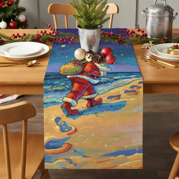 Table Runner 70 Inches Long - Christmas Santa Claus Starry Night Decorative Table Scarf, Ocean Beach Palm Trees Dining Table Runners for Wedding Party Kitchen Dining Tables