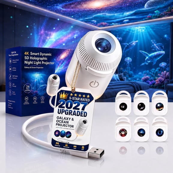 Galaxy Projector Night Light, 2-in-1 5D Holographic Star Ocean Projector, 360° USB Ceiling Lamp with 6 Films