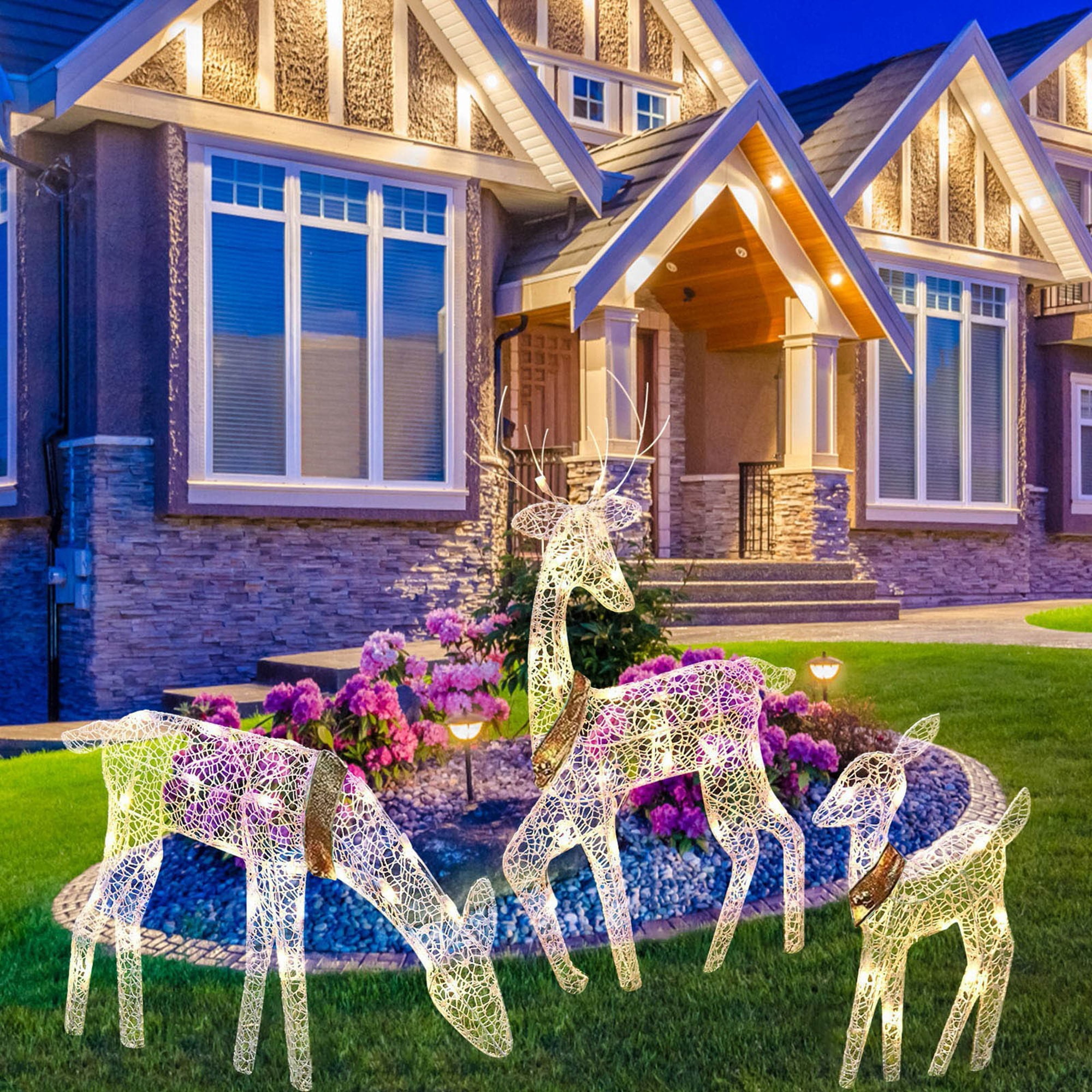 Large Lighted Christmas Reindeer Family, Outdoor Prelit Rattan Deer