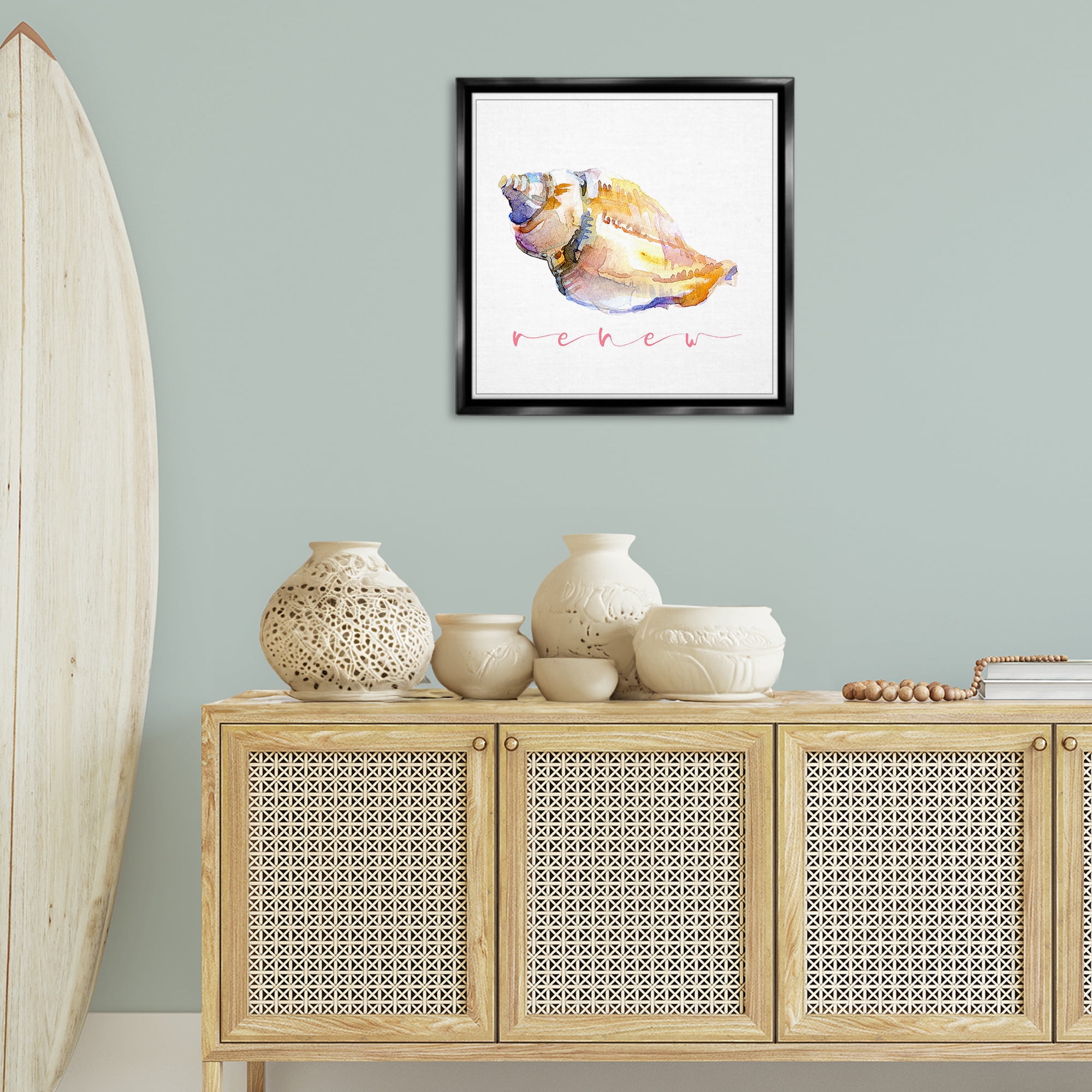 Stupell Industries Conch Shell Renew Nautical & Beach Painting Black Floater Framed Canvas Art Print Wall Art, 25 x 25