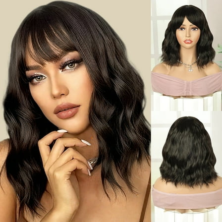 Phocas Brwon Short Bob Wig for Women，11''/27cm Water Wavy Synthetic Wig with Bangs for Daily Use