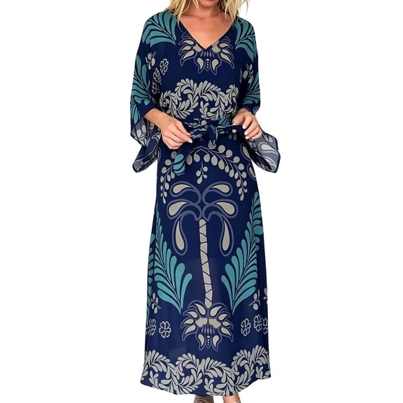 Bysome Women Dress Flower Print Long Sleeve V-Neck Dresses Summer Casual Women Dresses Size L Blue