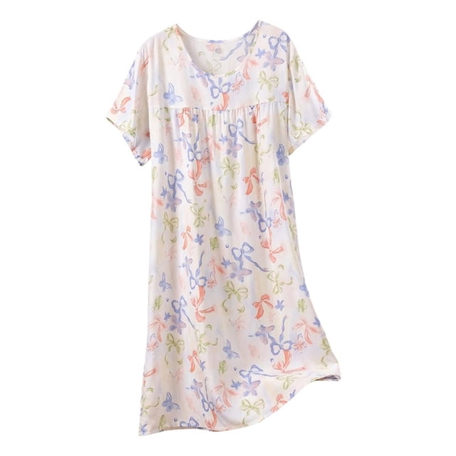 Chemise de Nuit pour Femmes, Manches Courtes à Col Rond Imprimé, Robe d'Allaitement, Rayonne Spandex Douce, Robe de Détente Longueur Genou