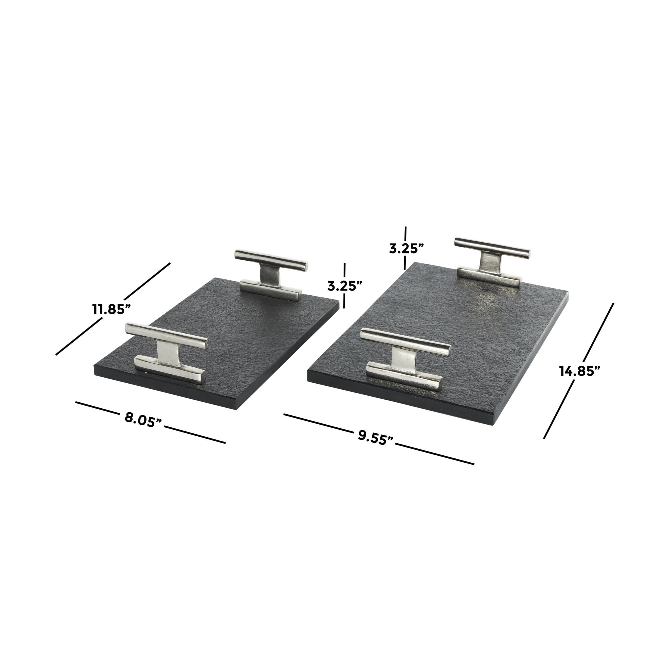 DecMode 15", 12"W Black Marble Textured Tray with Silver Handles, 2-Pieces