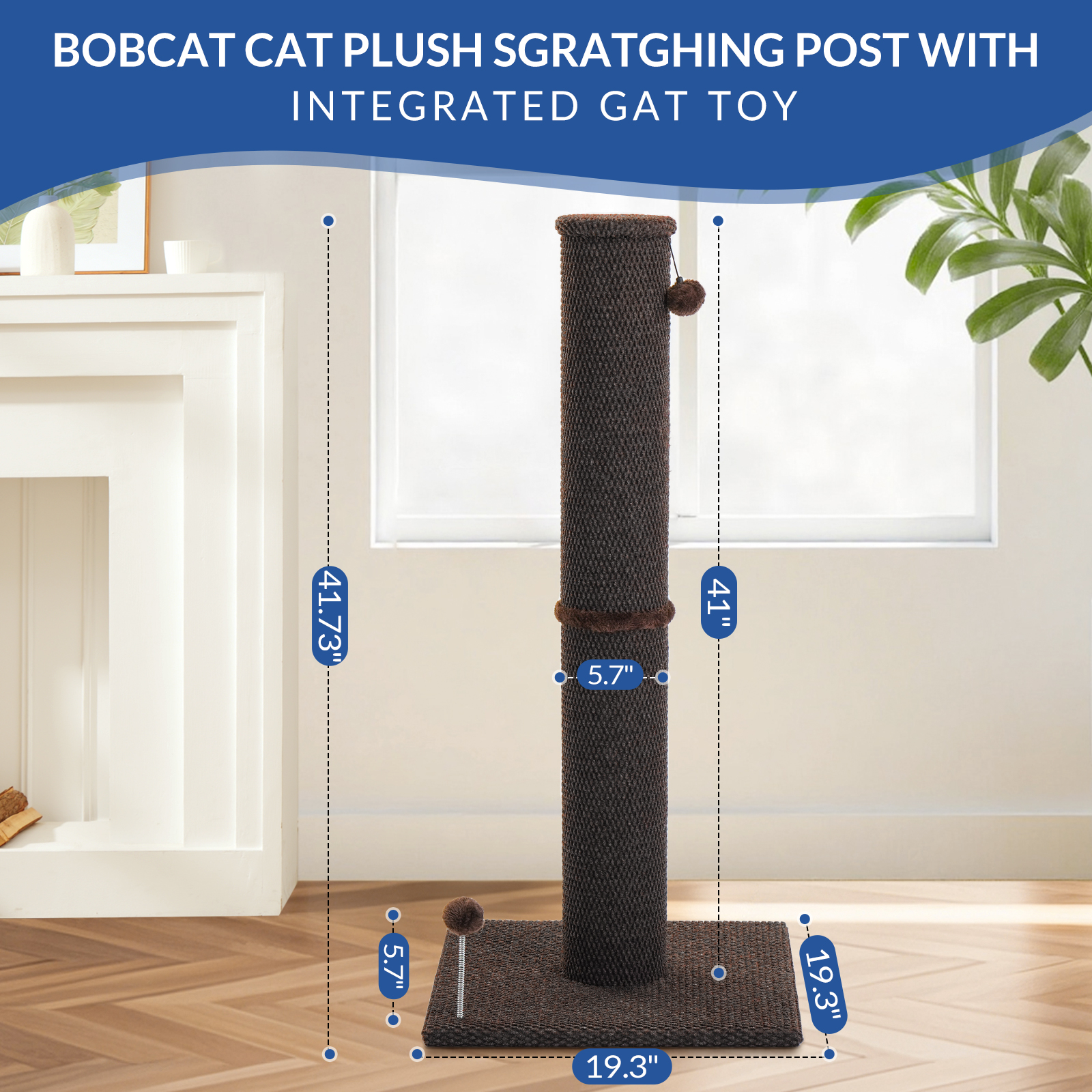 Cat Craft 41.73 ” Brown Faux Fur Large Cat Scratching Post with Replaceable Toys and Sturdy Base