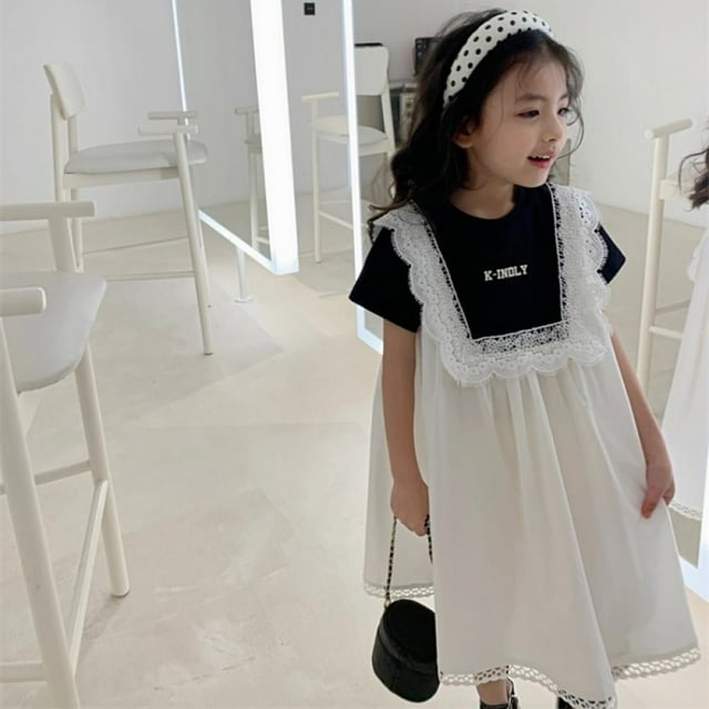 Aosijia Robe Douce pour Filles Impression Lettre Dentelle Couture Fausse Robe Deux Pièces Manches Courtes Ample Robe Trapèze