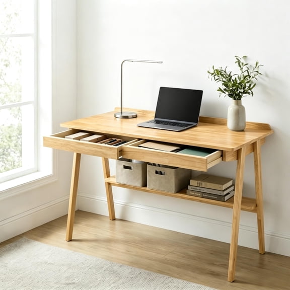 47" Solid Wood Writing Desk, Home Office Desk for Small Spaces, Mid Century Modern Desks with 2 Drawers & Storage Shelf, Standing Desk with Side Hooks for Study, Bedroom, Office