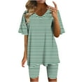 thumbnail image 1 of Timegard Ensembles 2 Pcs pour Femmes Été à Rayures Col en V Manches Courtes Hauts Leggings Courts Ensembles Décontractés Confortables, 1 of 4