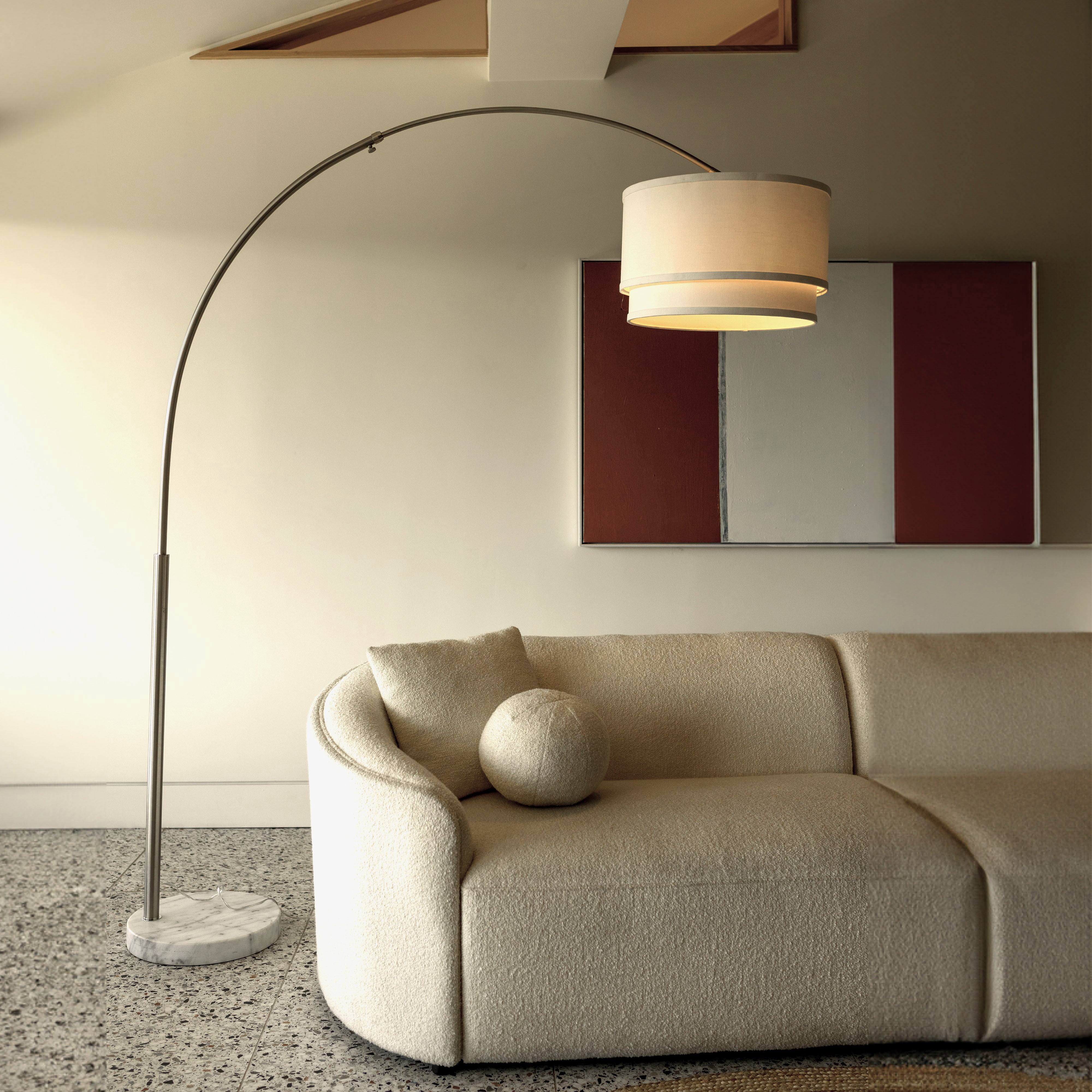 Brightech Mason 81" Modern Extendable Arm LED Floor Lamp with 2-Tiered White Fabric Shade and Marble Base - Nickel