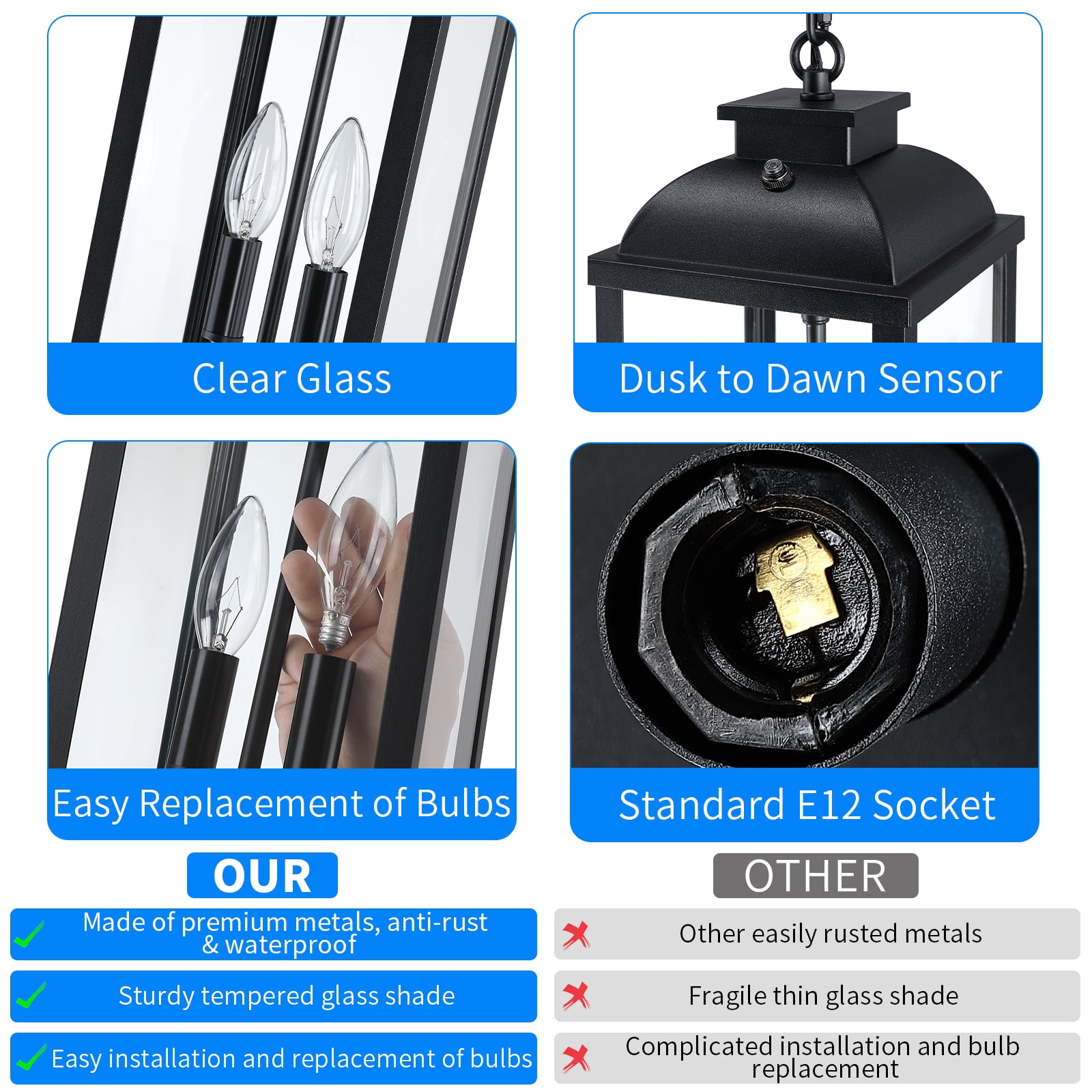 Large Outdoor Pendant Light 2-Light, 15.8" Dusk to Dawn Exterior Hanging Lights Fixture with Clear Glass, Modern Black Outdoor Chandelier for Gazebo Porch Patio Front Door