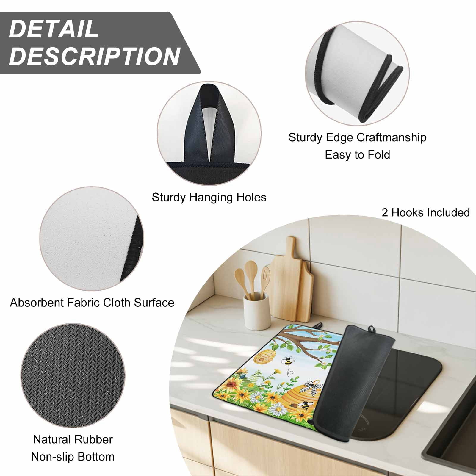 Yellow Daisy Gnomes Stove Top Cover for Electric Stove, Heat-proof & Non Slip Glass Top Stove Cover Protector, Pastoral Bees Floral Botanical Blue Kitchen Flat Cooktop Rubber Mat 24x21 Inches