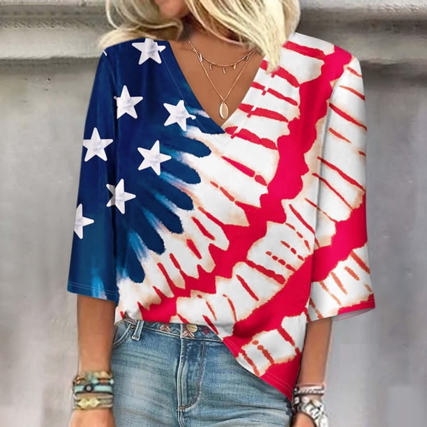 Fiudx Ofertas Flash Del Día Solo En Línea Blusa de Manga 3/4 con Estampado de Moda para Mujer, Camiseta con Cuello En V, Tops Informales para El Día de La Independencia