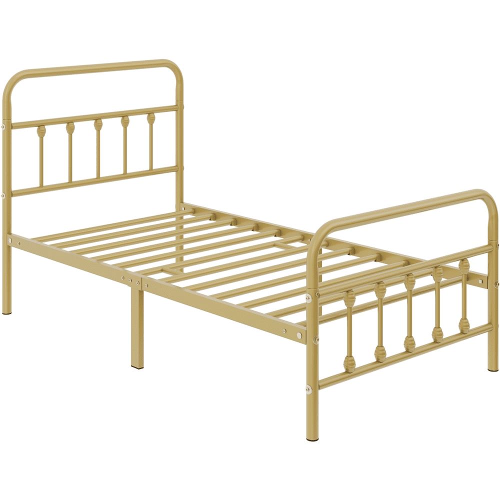 Alden Design Twin Size Metal Platform Bed Frame with High Headboard and Footboard for Adult, Antique Gold