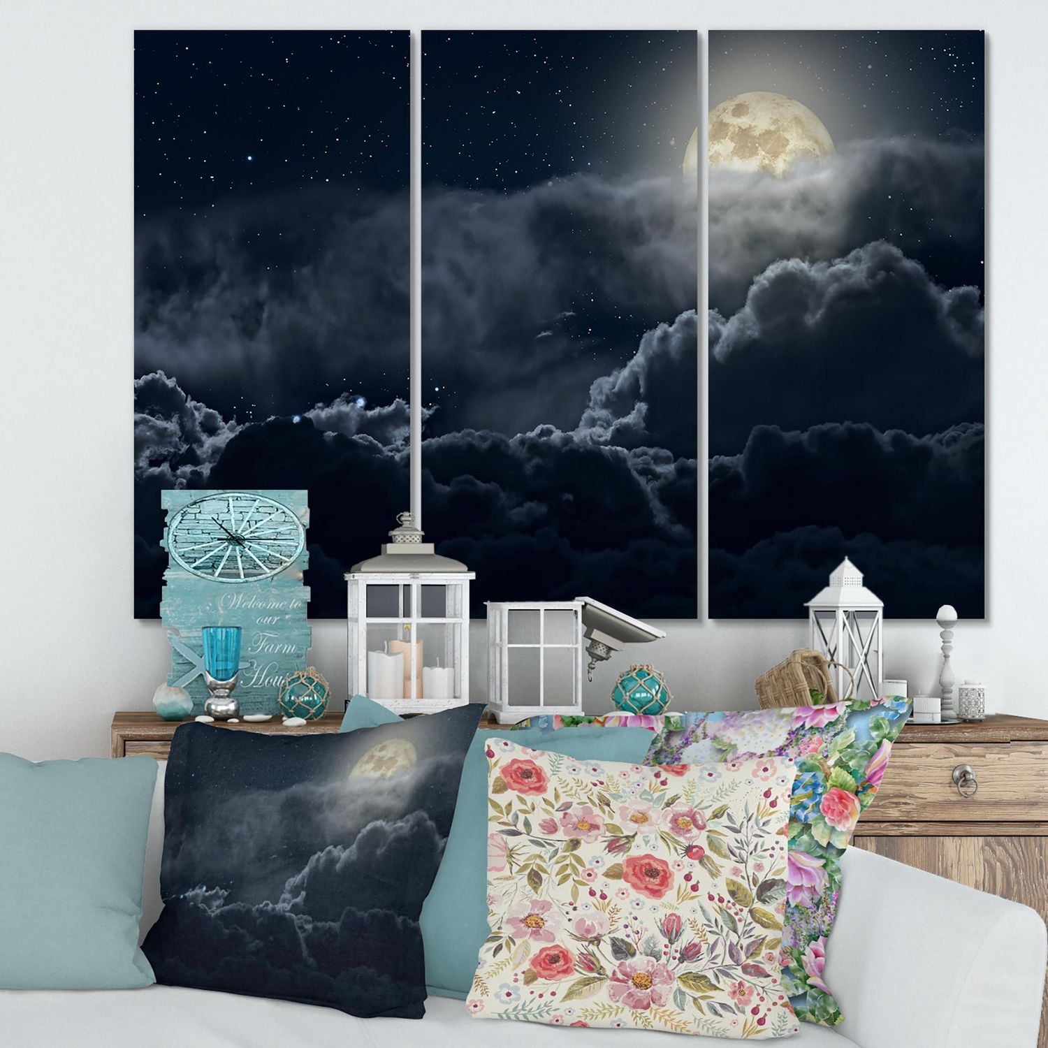 Designart Nuageux nuit de pleine lune Art mural sur toile