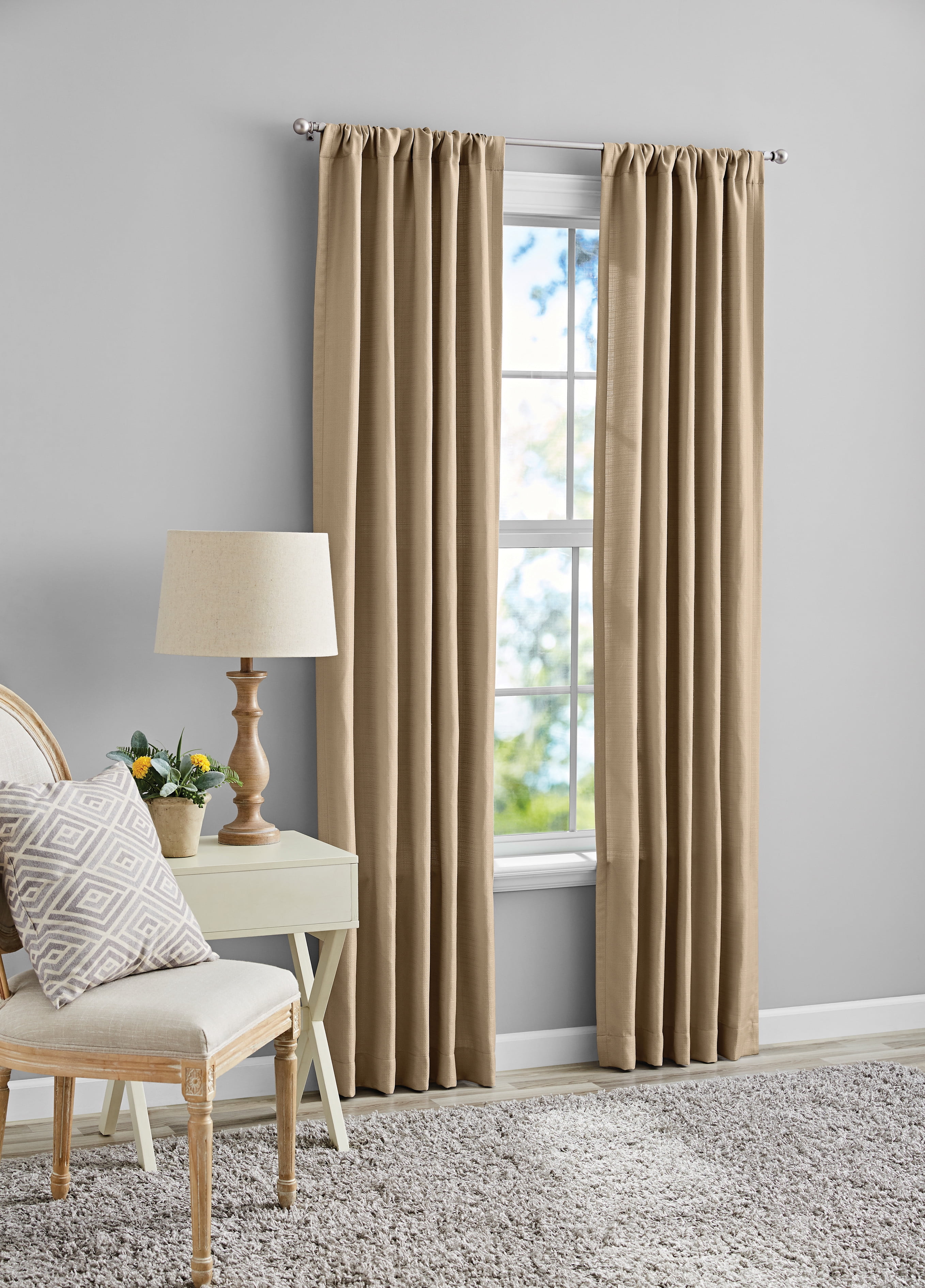 Mainstays Southport Solid Color Light Filtering Rod Pocket Curtain Panel Pair, Set of 2, Beige, 40 x 84