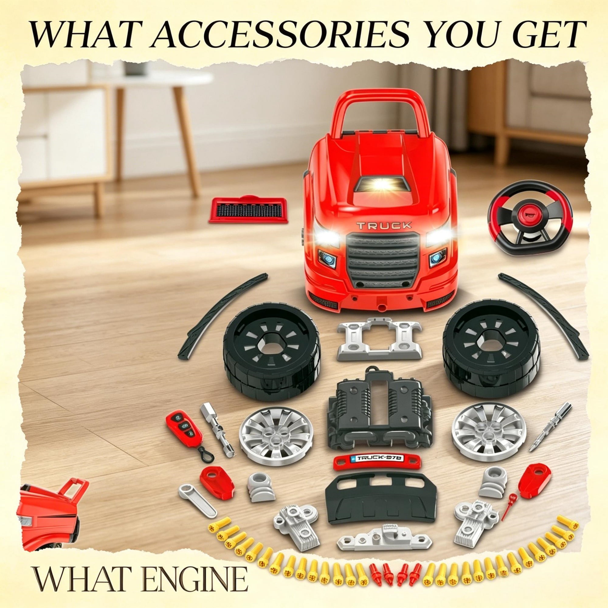 Mechanic Truck Engine Toy Set, Kids Car Service Play Set for Playroom Indoor Game, Red
