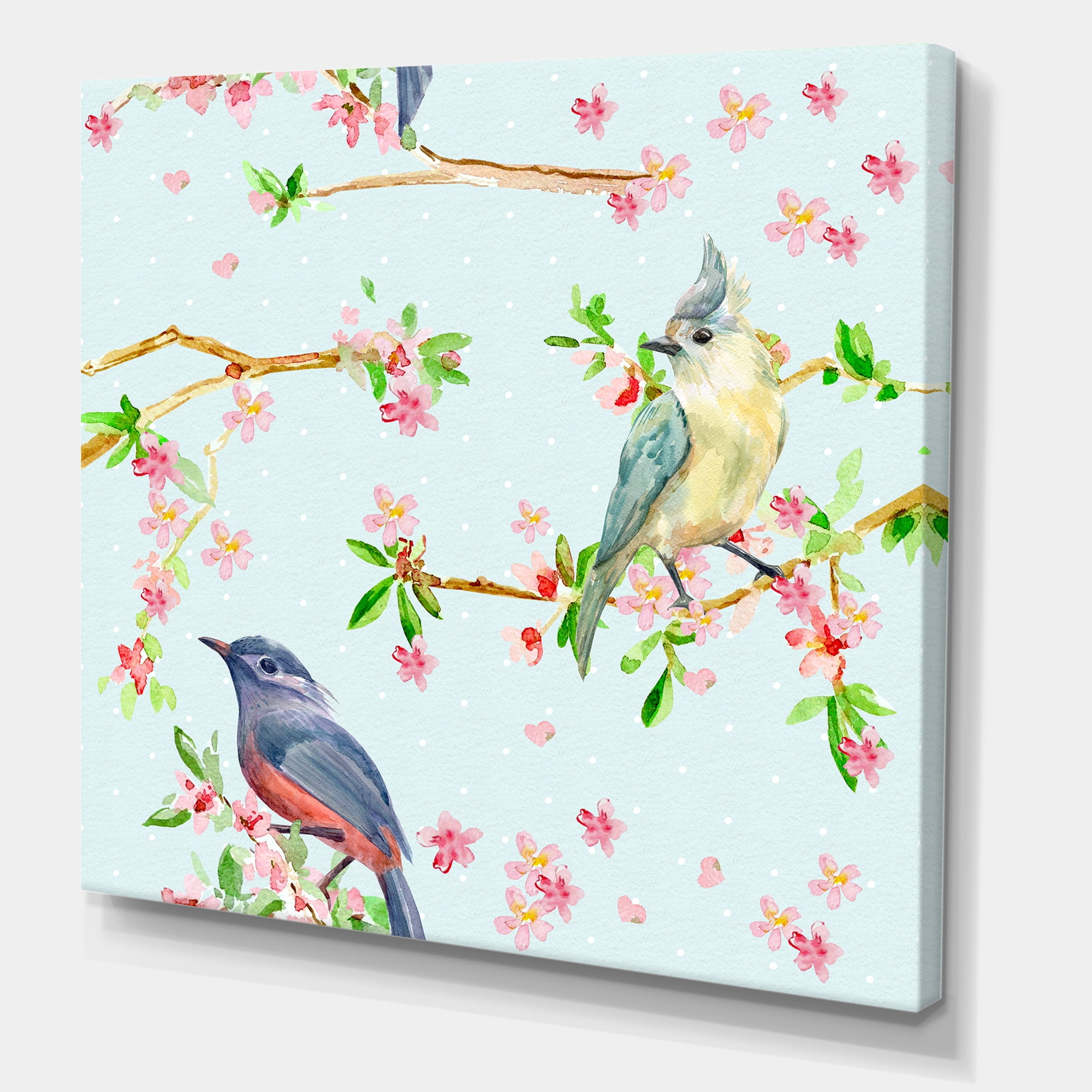 Designart ' Birds and Flowers Pattern In Blue ' Traditional Canvas Wall Art Print