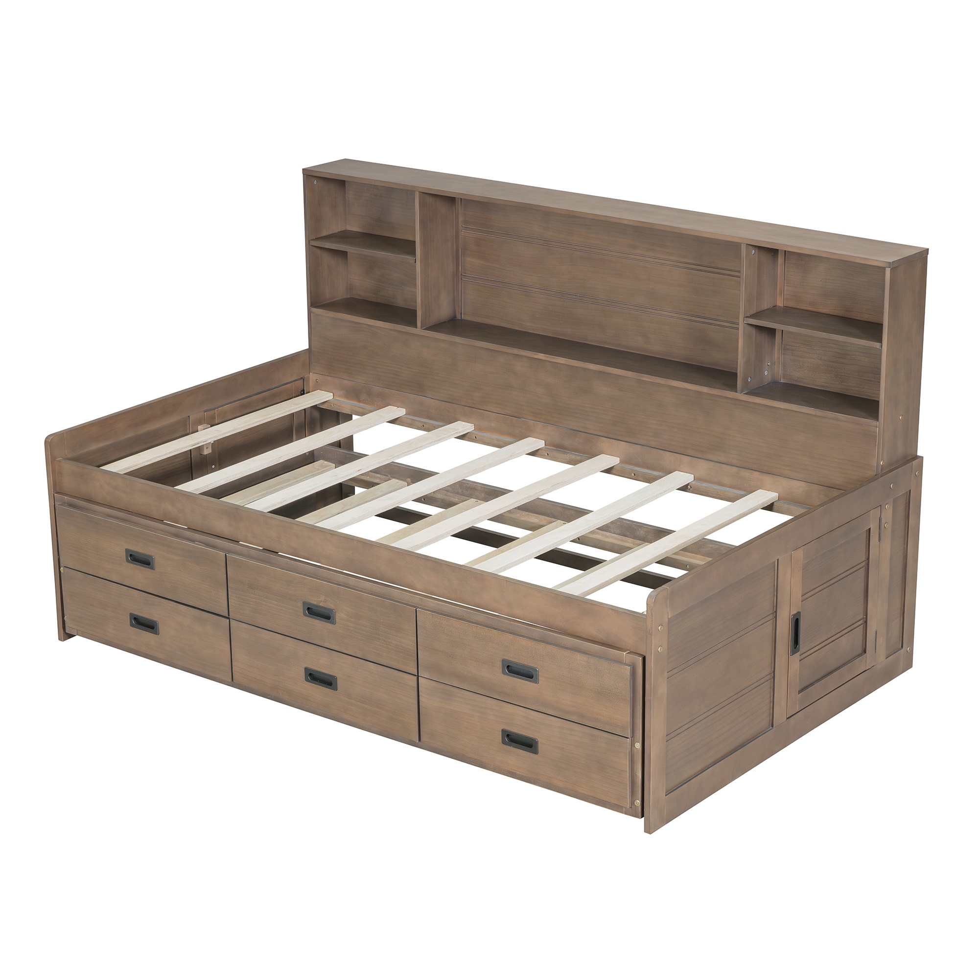 PORKISS Twin Size Daybed, Wooden Captain Daybed with Storage Bookcase Headboard, Modern Captain’s Bed with Trundle and Storage Drawers for Kids, Teens, No Box Spring Needed, Walnut