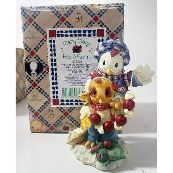 Enesco Mary Mary Had A Farm #273422 1997 "You Lift My Holiday Spirits" Hen and Rooster Decorating Tree Figurine