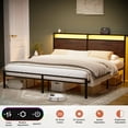 thumbnail image 4 of GUNAITO King Size Bed Frame with Wooden Headboard Metal Platform Bed Frame with LED Lights Charging Station Rustic Brown, 4 of 9