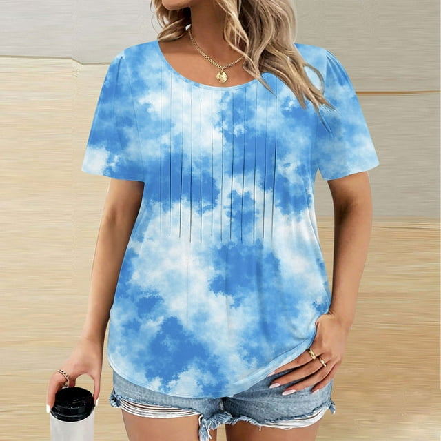 Lydiaunistar Hauts Grande Taille pour Femmes Printemps Manches Courtes Col Rond Imprimé T-Shirt Blouse, Polyester Mode Printemps Été pour Fête Usage Quotidien Bleu Clair