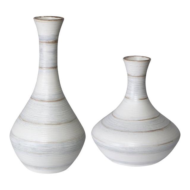 Uttermost Potter Fluted Striped Earthenware Vases in Ivory/Blue/Tan (Set of 2)