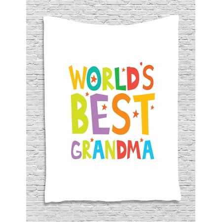 Grandma Tapestry, Cartoon Style Lettering Worlds Best Grandma Quote with Stars Colorful Illustration, Wall Hanging for Bedroom Living Room Dorm Decor, 60W X 80L Inches, Multicolor, by
