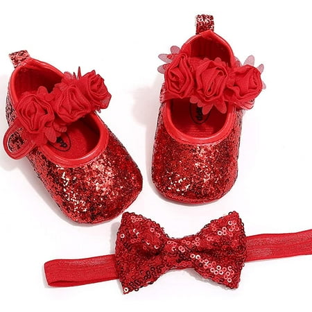 

2pcs/Set Newborn Baby Girl Princess Mary Jane Shoes Toddler Infant Wedding Dress Flat Shoes with Free Headband