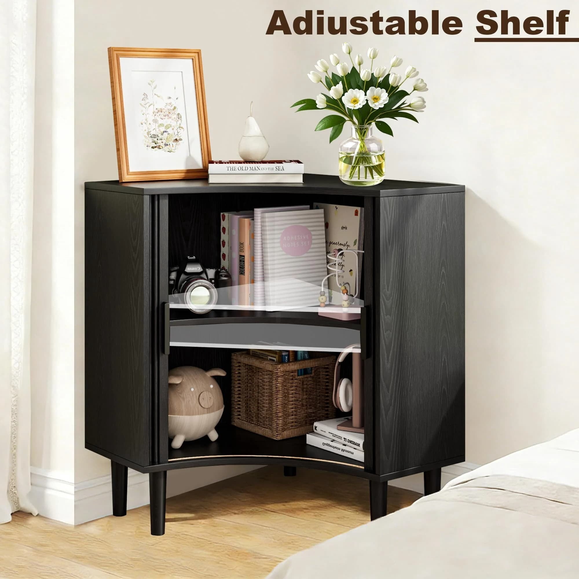Modern Fluted Corner Cabinet with Sliding Doors, Small Wood Corner Storage for Small Space, Black