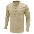 thumbnail image 2 of SWSMCLT Men's Long Sleeve Shirt Fitted Top Soft Spring Fall Cotton Blouse Linen Henley Button Crew Neck Light Apricot XX-Large, 2 of 4